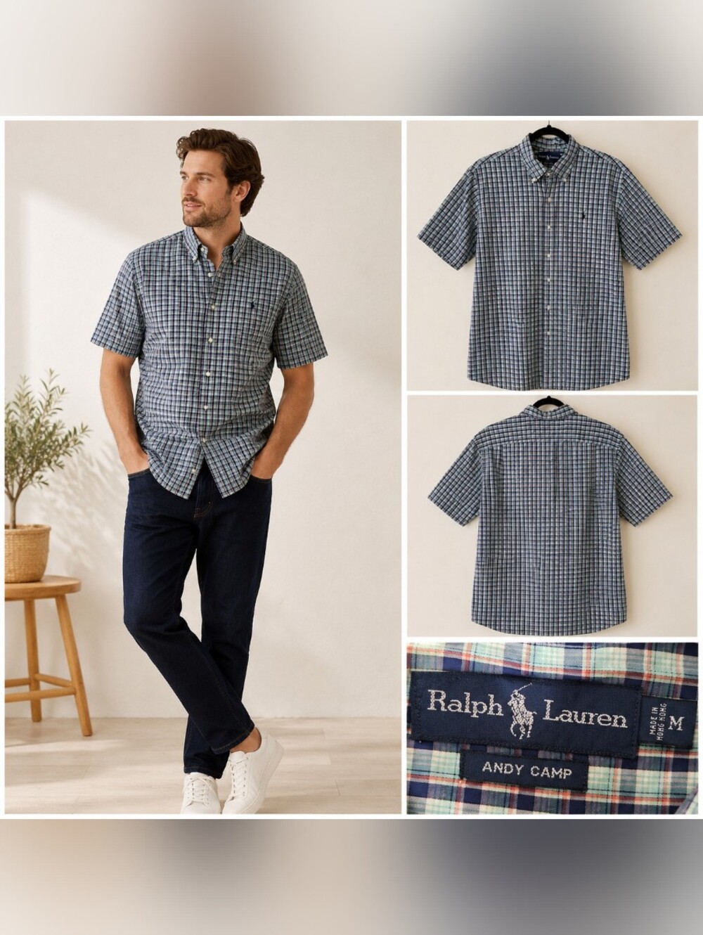 Ralph Lauren Blue Green Plaid Short-Sleeve Button-Down Shirt